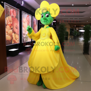 Lemon Yellow Four Leaf Clover mascot costume character dressed with a Evening Gown and Cufflinks