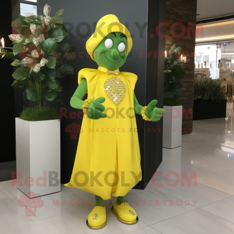 Lemon Yellow Four Leaf Clover mascot costume character dressed with a Evening Gown and Cufflinks Lemon Yellow Four Leaf Clover mascot costume character dressed with a Evening Gown and Cufflinks