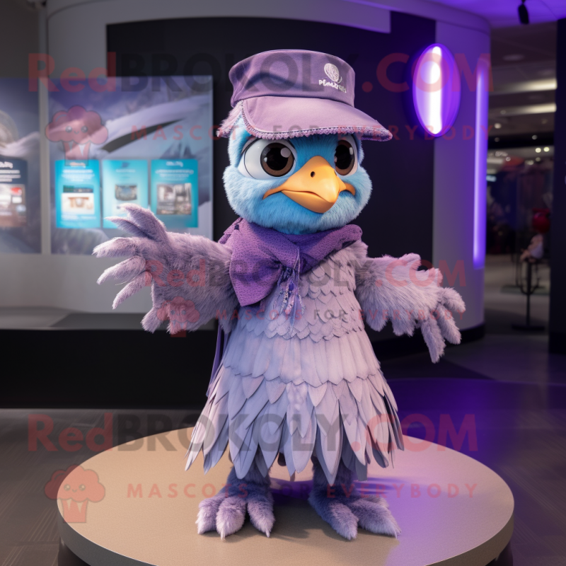 Lavender Falcon mascot costume character dressed with a Skirt and Caps Lavender Falcon mascot costume character dressed with a Skirt and Caps