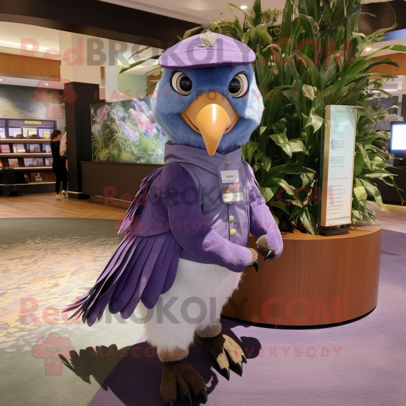 Lavender Falcon mascot costume character dressed with a Skirt and Caps