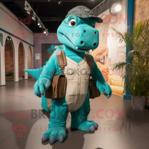 Teal Iguanodon mascot costume character dressed with a Dungarees and Backpacks