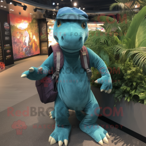 Teal Iguanodon mascot costume character dressed with a Dungarees and Backpacks