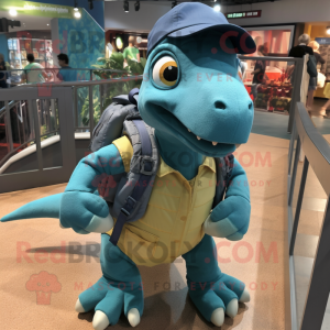 Teal Iguanodon mascot costume character dressed with a Dungarees and Backpacks