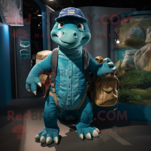 Teal Iguanodon mascot costume character dressed with a Dungarees and Backpacks