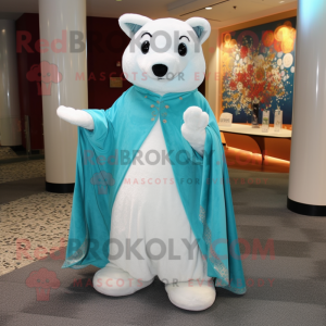 Turquoise Ermine mascot costume character dressed with a Dress Pants and Shawl pins