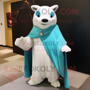 Turquoise Ermine mascot costume character dressed with a Dress Pants and Shawl pins