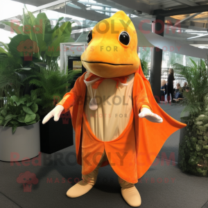 Orange Stingray mascot costume character dressed with a Waistcoat and Wraps