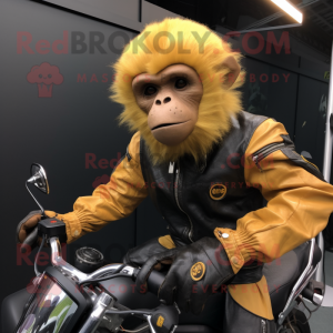 Gold Capuchin Monkey mascot costume character dressed with a Biker Jacket and Foot pads