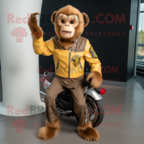 Gold Capuchin Monkey mascot costume character dressed with a Biker Jacket and Foot pads