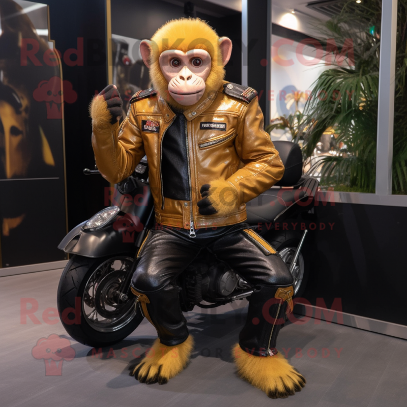 Gold Capuchin Monkey mascot costume character dressed with a Biker Jacket and Foot pads Gold Capuchin Monkey mascot costume character dressed with a Biker Jacket and Foot pads