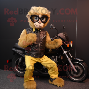 Gold Capuchin Monkey mascot costume character dressed with a Biker Jacket and Foot pads