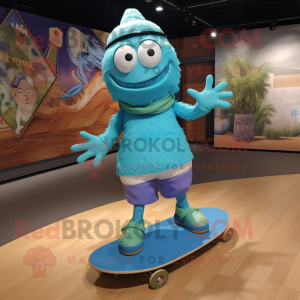 Turquoise Skateboard mascot costume character dressed with a Ball Gown and Suspenders