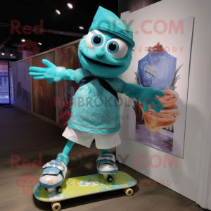 Turquoise Skateboard mascot costume character dressed with a Ball Gown and Suspenders