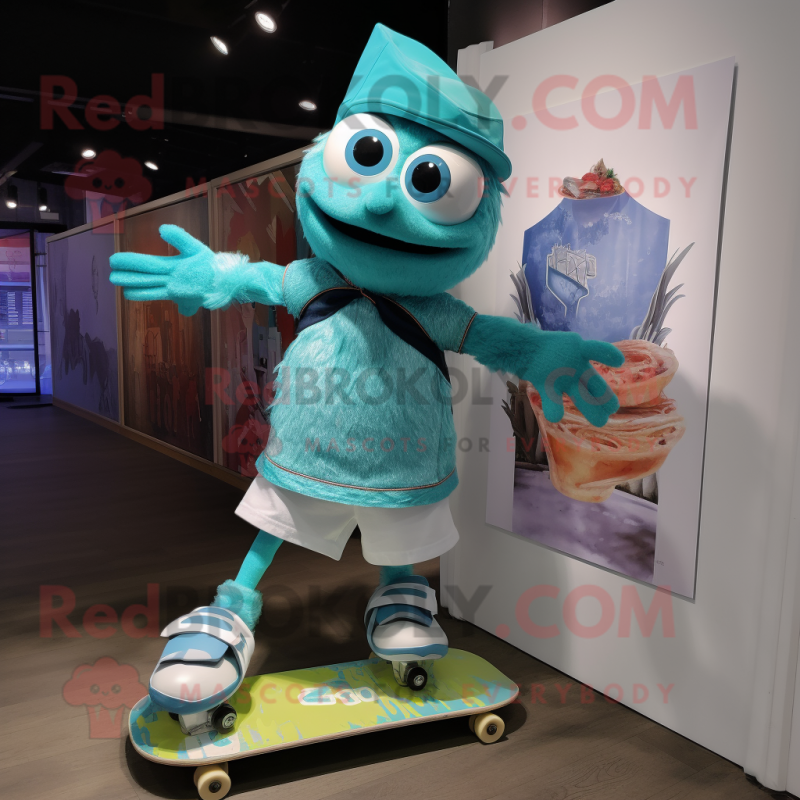 Turquoise Skateboard mascot costume character dressed with a Ball Gown and Suspenders Turquoise Skateboard mascot costume character dressed with a Ball Gown and Suspenders
