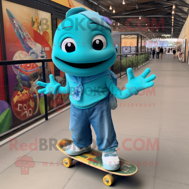 Turquoise Skateboard mascot costume character dressed with a Ball Gown and Suspenders Turquoise Skateboard mascot costume character dressed with a Ball Gown and Suspenders