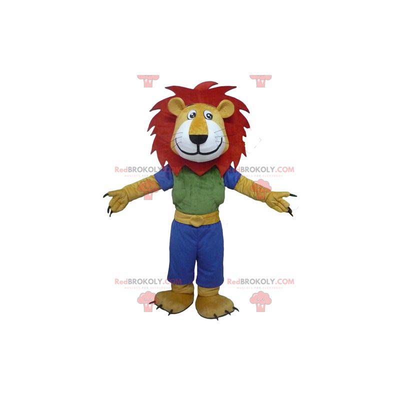 Mascotte de lion jaune blanc et rouge avec une tenue colorée -