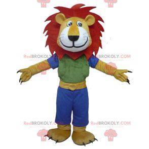 Mascot yellow white and red lion with a colorful outfit -