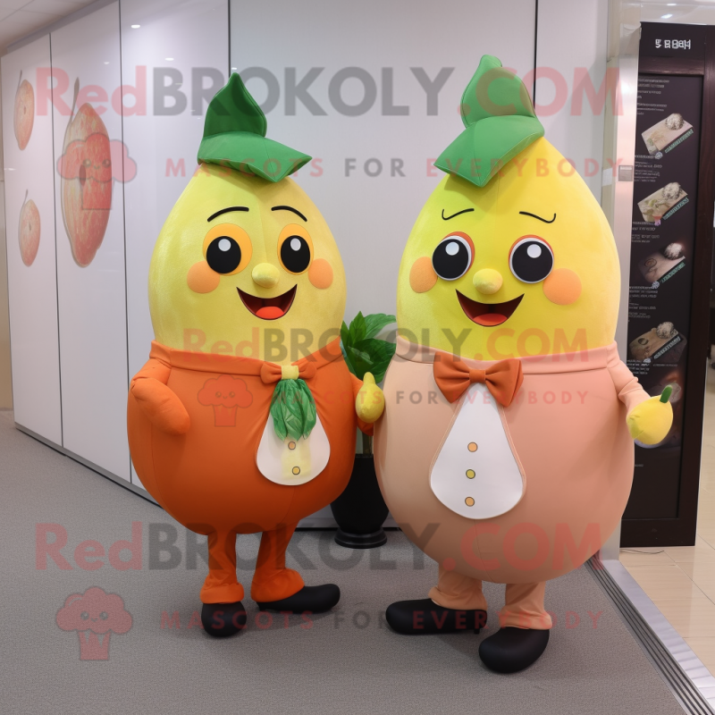 Peach Pear mascot costume character dressed with a Skirt and Wallets Peach Pear mascot costume character dressed with a Skirt and Wallets