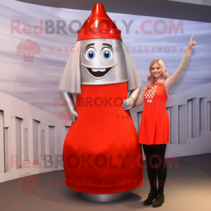 Silver Bottle Of Ketchup mascot costume character dressed with a Pencil Skirt and Hair clips