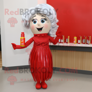 Silver Bottle Of Ketchup mascot costume character dressed with a Pencil Skirt and Hair clips