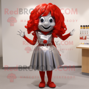 Silver Bottle Of Ketchup mascot costume character dressed with a Pencil Skirt and Hair clips