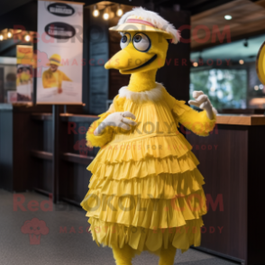 Yellow Ostrich mascot costume character dressed with a Pleated Skirt and Caps