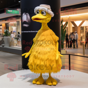 Yellow Ostrich mascot costume character dressed with a Pleated Skirt and Caps