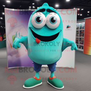 Turquoise Moussaka mascot costume character dressed with a Polo Tee and Tie pins