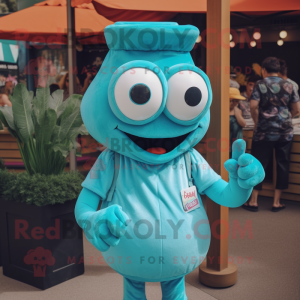 Turquoise Moussaka mascot costume character dressed with a Polo Tee and Tie pins