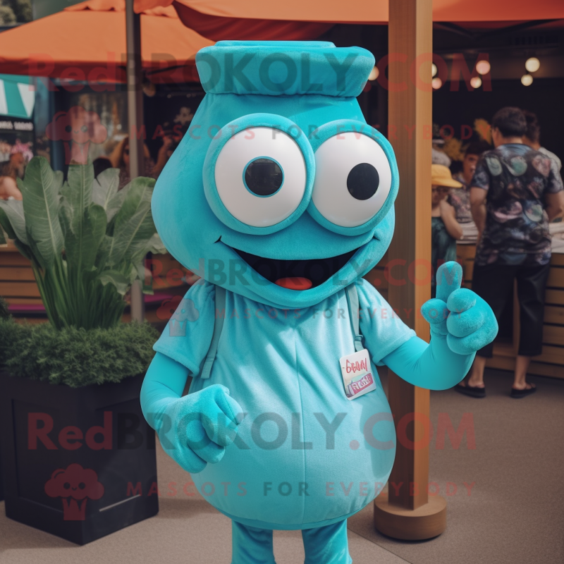 Turquoise Moussaka mascot costume character dressed with a Polo Tee and Tie pins Turquoise Moussaka mascot costume character dressed with a Polo Tee and Tie pins