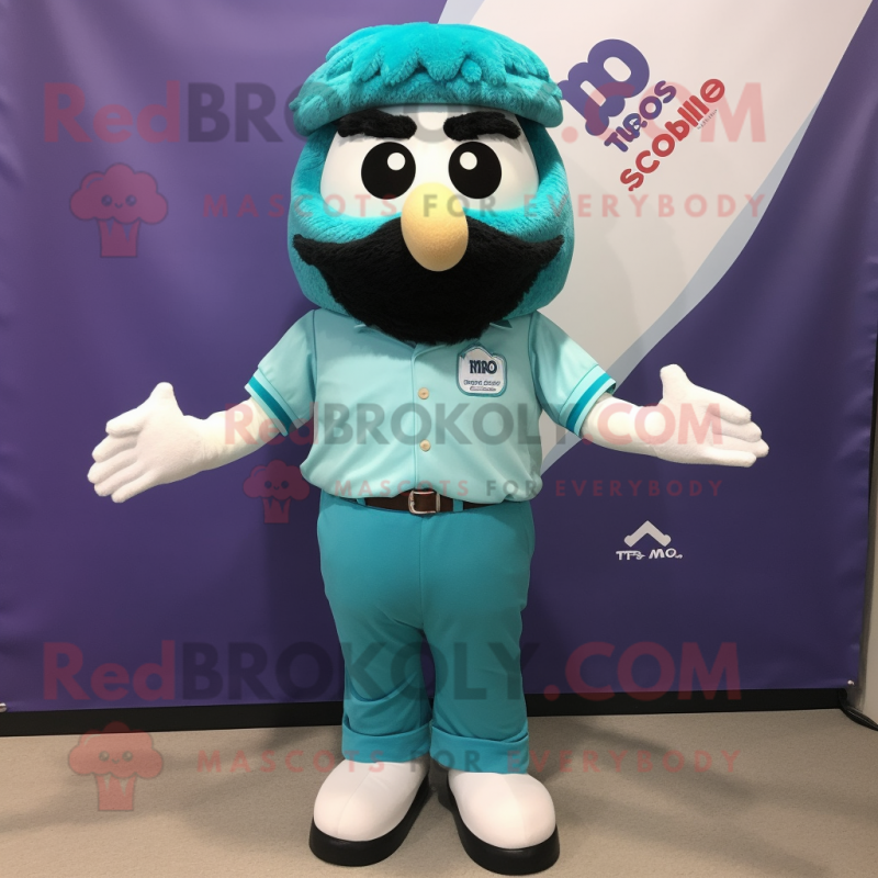 Turquoise Moussaka mascot costume character dressed with a Polo Tee and Tie pins