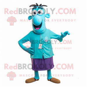 Turquoise Moussaka mascot costume character dressed with a Polo Tee and Tie pins