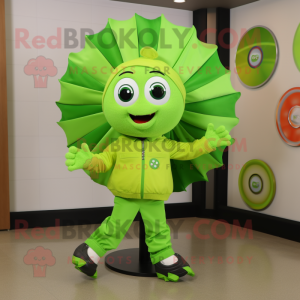 Lime Green Plate Spinner mascot costume character dressed with a Windbreaker and Earrings