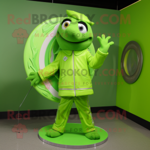 Lime Green Plate Spinner mascot costume character dressed with a Windbreaker and Earrings