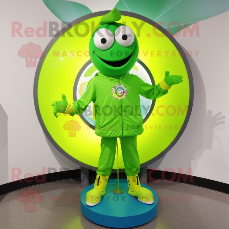 Lime Green Plate Spinner mascot costume character dressed with a Windbreaker and Earrings