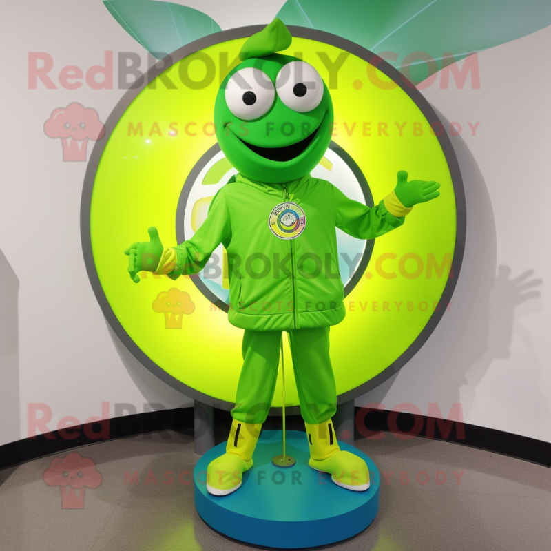 Lime Green Plate Spinner mascot costume character dressed with a Windbreaker and Earrings Lime Green Plate Spinner mascot costume character dressed with a Windbreaker and Earrings