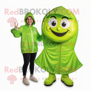 Lime Green Plate Spinner mascot costume character dressed with a Windbreaker and Earrings