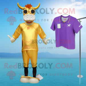 Gold Guernsey Cow mascot costume character dressed with a One-Piece Swimsuit and Earrings