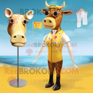 Gold Guernsey Cow mascot costume character dressed with a One-Piece Swimsuit and Earrings