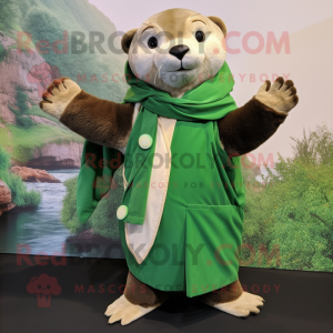 Green Otter mascot costume character dressed with a Jacket and Scarves