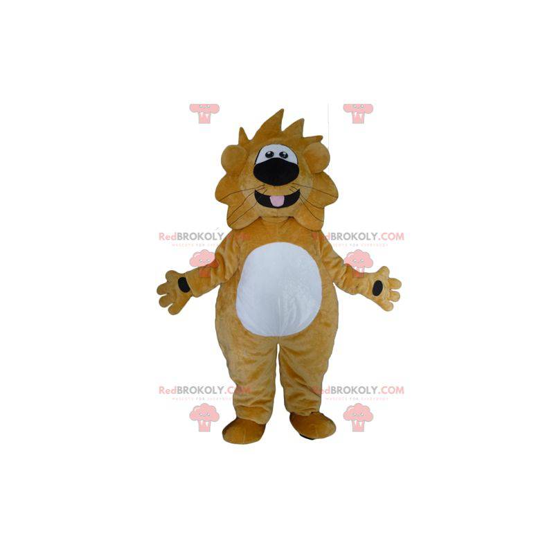 Mascot big yellow and white lion funny and friendly -