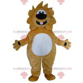Mascote grande leão amarelo e branco engraçado e amigável -