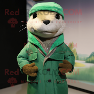 Green Otter mascot costume character dressed with a Jacket and Scarves