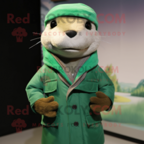 Green Otter mascot costume character dressed with a Jacket and Scarves