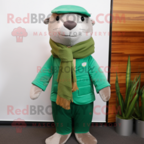 Green Otter mascot costume character dressed with a Jacket and Scarves