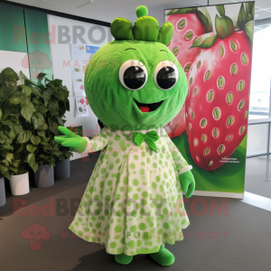 Green Strawberry mascot costume character dressed with a Maxi Dress and Lapel pins