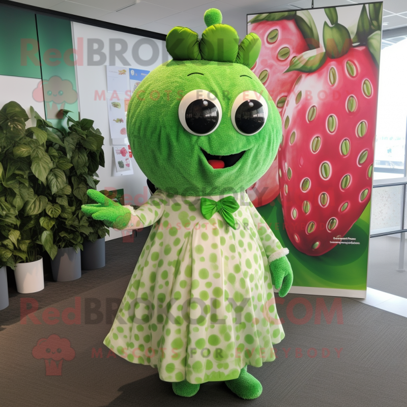 Green Strawberry mascot costume character dressed with a Maxi Dress and Lapel pins Green Strawberry mascot costume character dressed with a Maxi Dress and Lapel pins