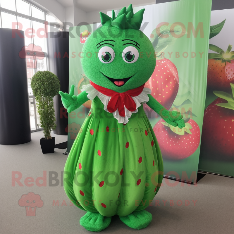 Green Strawberry mascot costume character dressed with a Maxi Dress and Lapel pins