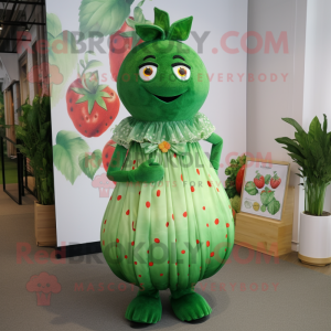 Green Strawberry mascot costume character dressed with a Maxi Dress and Lapel pins
