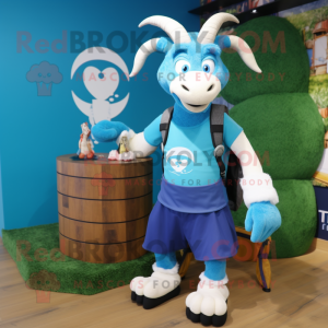 Blue Goat mascot costume character dressed with a Tank Top and Clutch bags